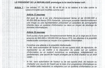 LOI N° 2023-593 DU 07 JUIN 2023 MODIFIANT LA LOI RELATIVE À LA LUTTE CONTRE LA CYBERCRIMINALITÉ
