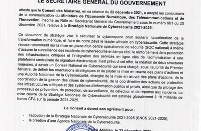 ATTESTATION SUR LA STRATEGIE NATIONALE DE CYBERSECURITÉ ET CREATION D'UNE AGENCE DE CYBERSECURITÉ